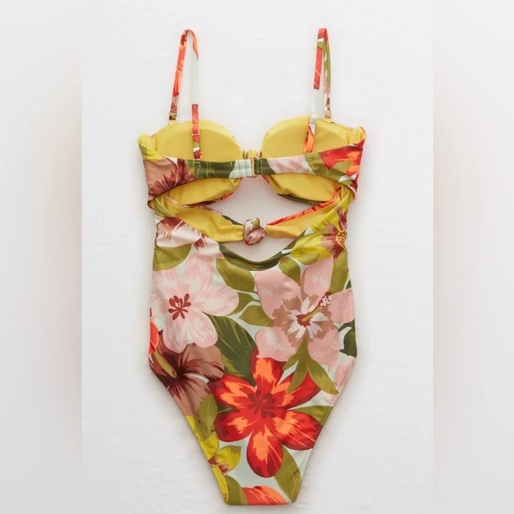 aerie Floral Bandeau One-Piece Swimsuit in Olive, Coral, Pink